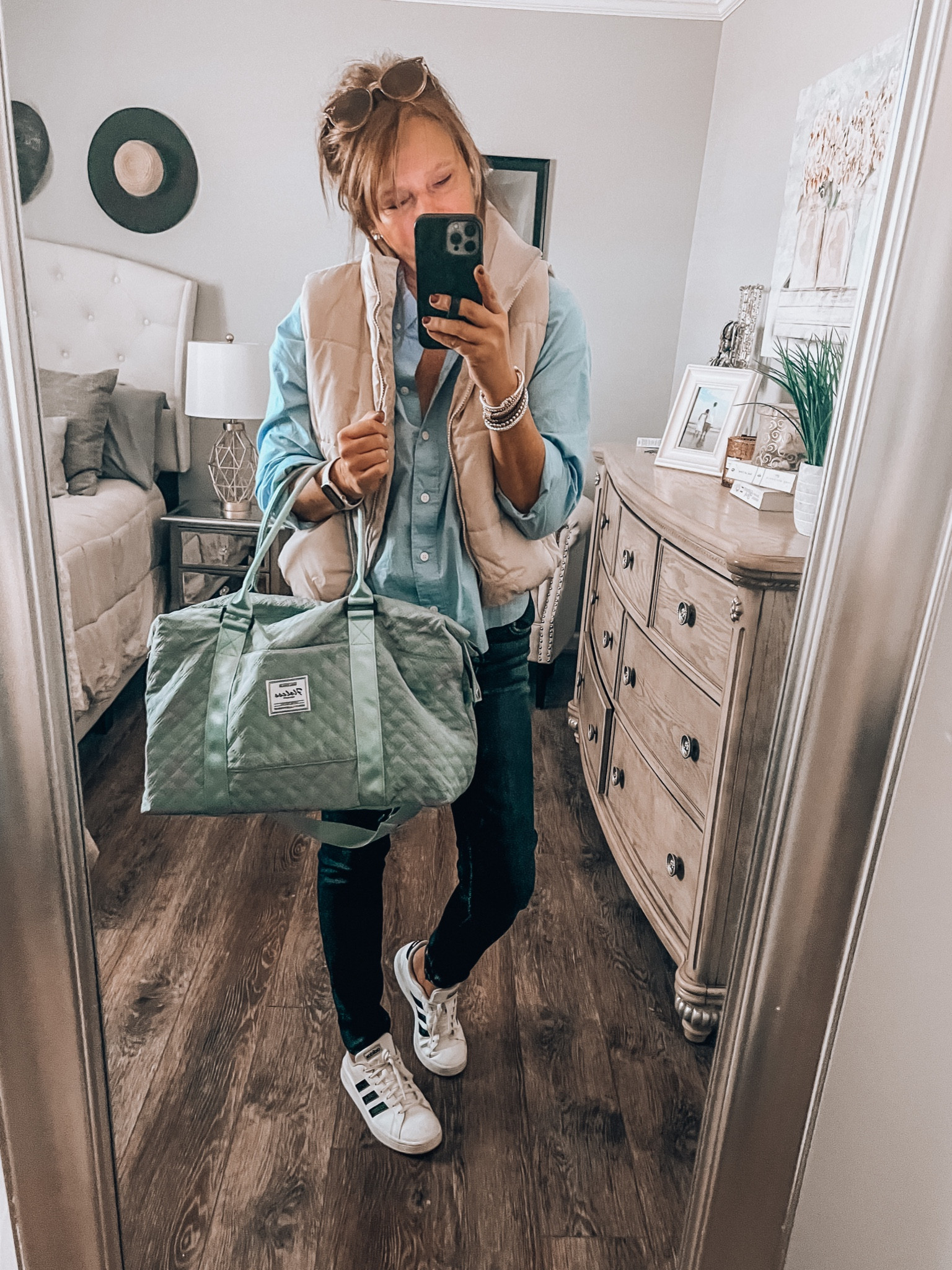 Cropped puffer vest with blue button down shirt, American Eagle jeans, Adidas sneakers and the most loved travel duffel bag from Amazon ( comes in more colors) 

Travel outfit, casual outfit, weekend outfit, amazon finds, old navy, vacation, travel, sale, fashion over 40

#LTKSale #LTKsalealert #LTKunder50