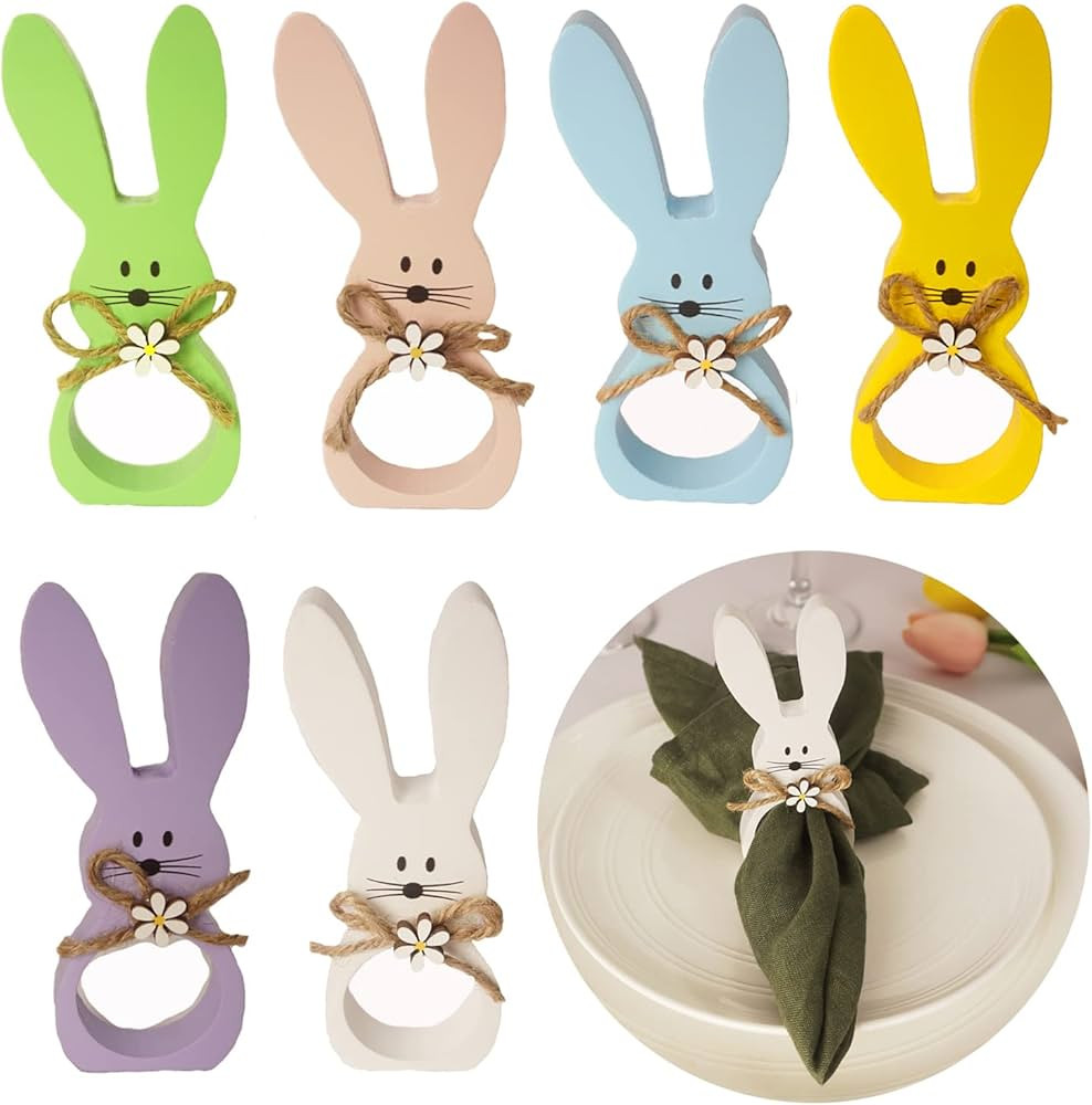 Easter Napkin Rings Set of 6, Wood Bunny Napkin Rings Rabbit Napkin Ring Holders for Easter, Spri... | Amazon (US)