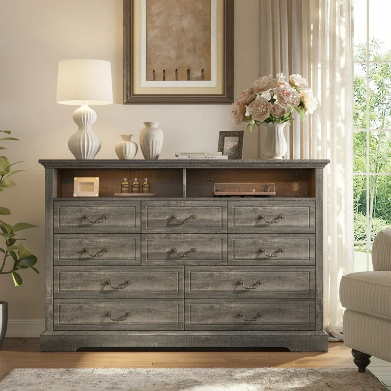 EnHomee Wood Dresser 10 Drawers Dressers for Bedroom with LED Lights and Power Outlets,Rustic Oak | Walmart (US)