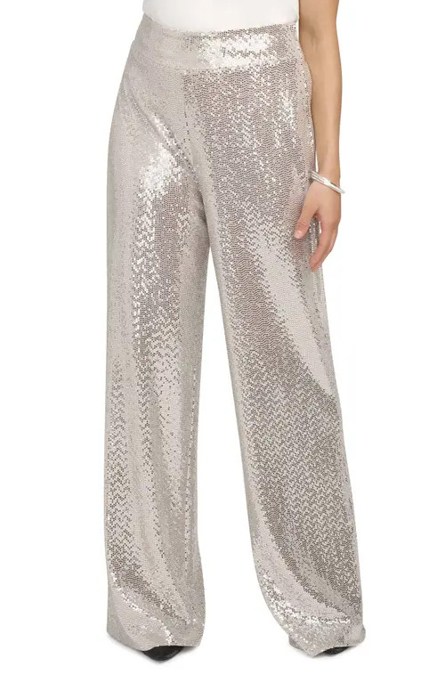 Anne Klein High Waist Wide Leg Sequin Pants in Light Latte/Silver at Nordstrom, Size 12 | Nordstrom