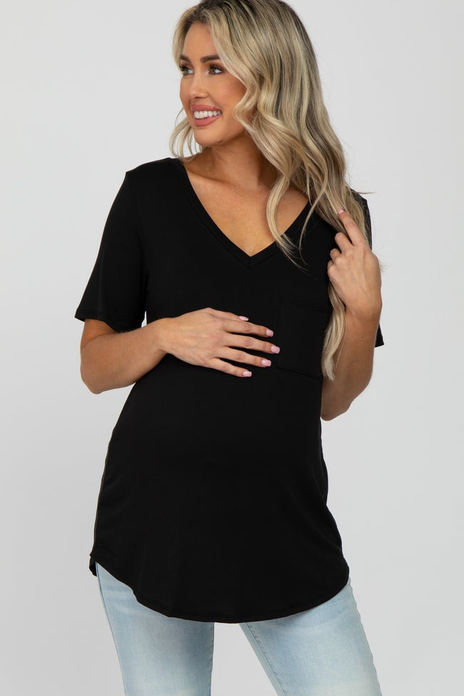 Black V-Neck Front Pocket Short Sleeve Maternity Top | PinkBlush Maternity
