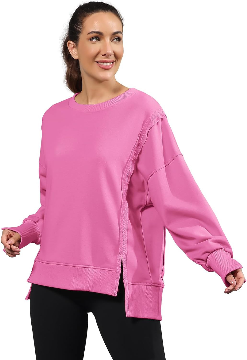 Nirovien Womens Oversized Crewneck Sweatshirt Side Slit Long Sleeve Pullover Slouchy Fit Tops | Amazon (US)