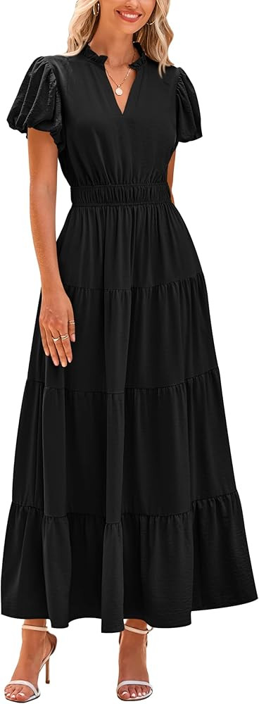 dowerme Womens Summer Dresses Casual Puff Sleeve V Neck Smocked High Waisted A-Line Tiered Midi D... | Amazon (US)