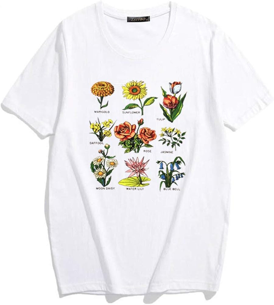 ZSIIBO Women's Funny Bees Printed T Shirt Lovely Botanic Flowers Graphic Tees Cute Tops | Amazon (US)