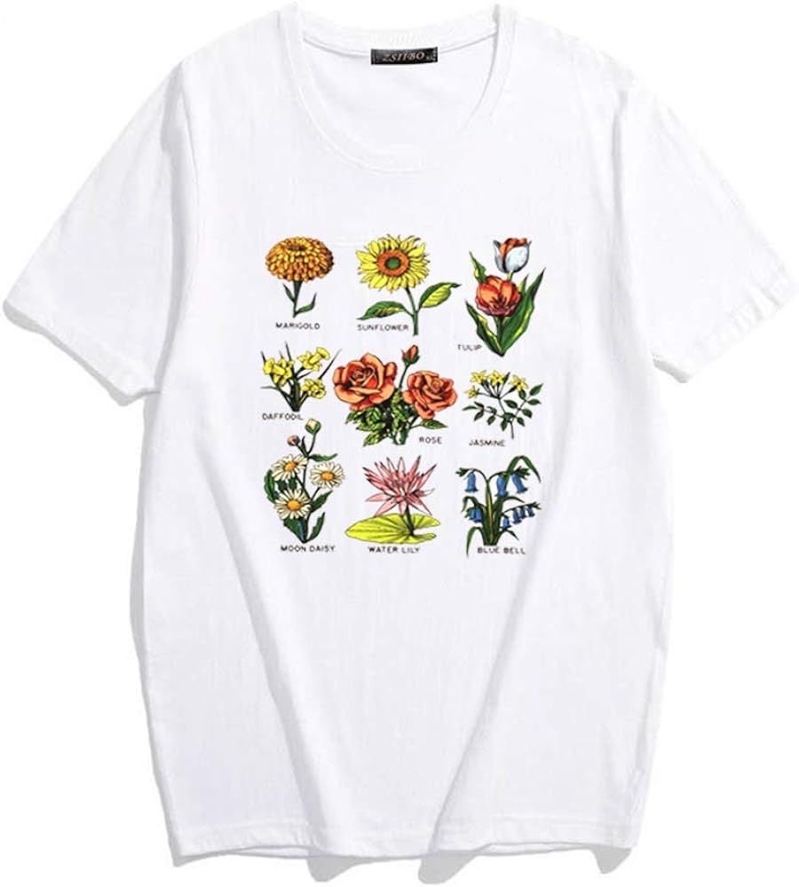 ZSIIBO Women's Funny Bees Printed T Shirt Lovely Botanic Flowers Graphic Tees Cute Tops | Amazon (US)