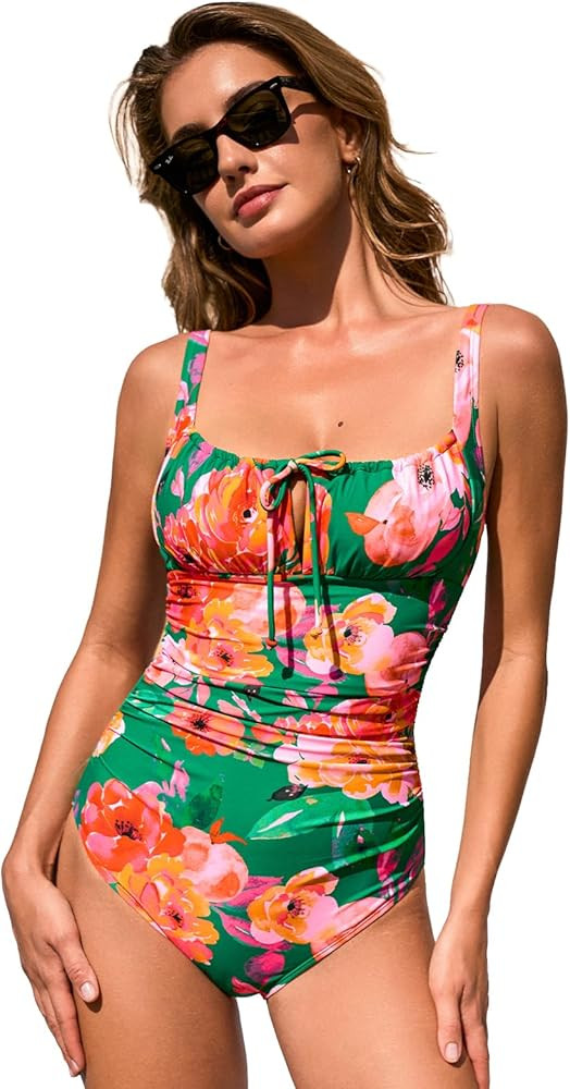 Women's One Piece Swimsuit Bathing Suit Square Neck Back Cut Out Drawstring Self Tie Back Hook | Amazon (US)