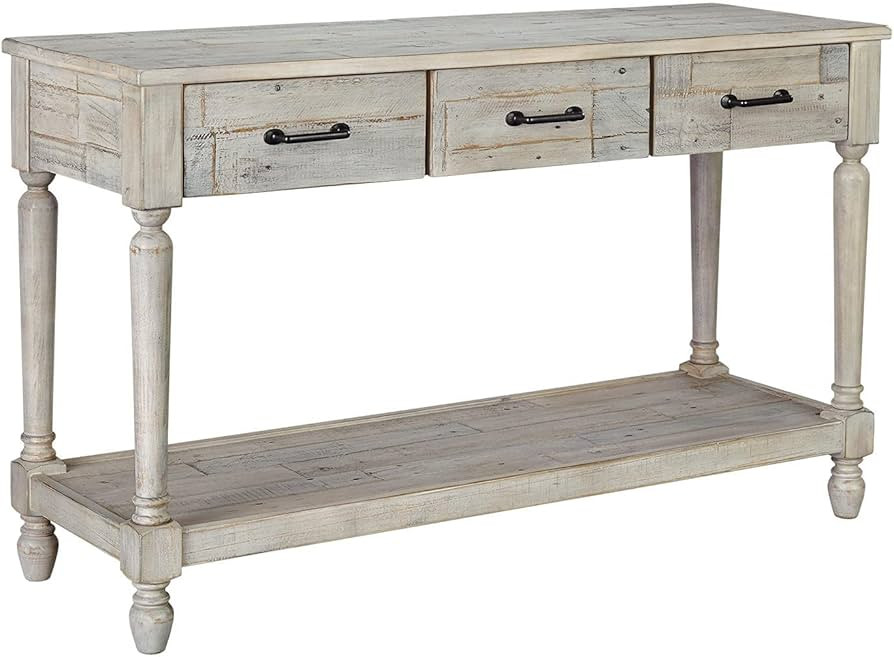 Signature Design by Ashley Shawnalore Farmhouse Solid Pine Wood Sofa Console Table, Whitewash | Amazon (US)