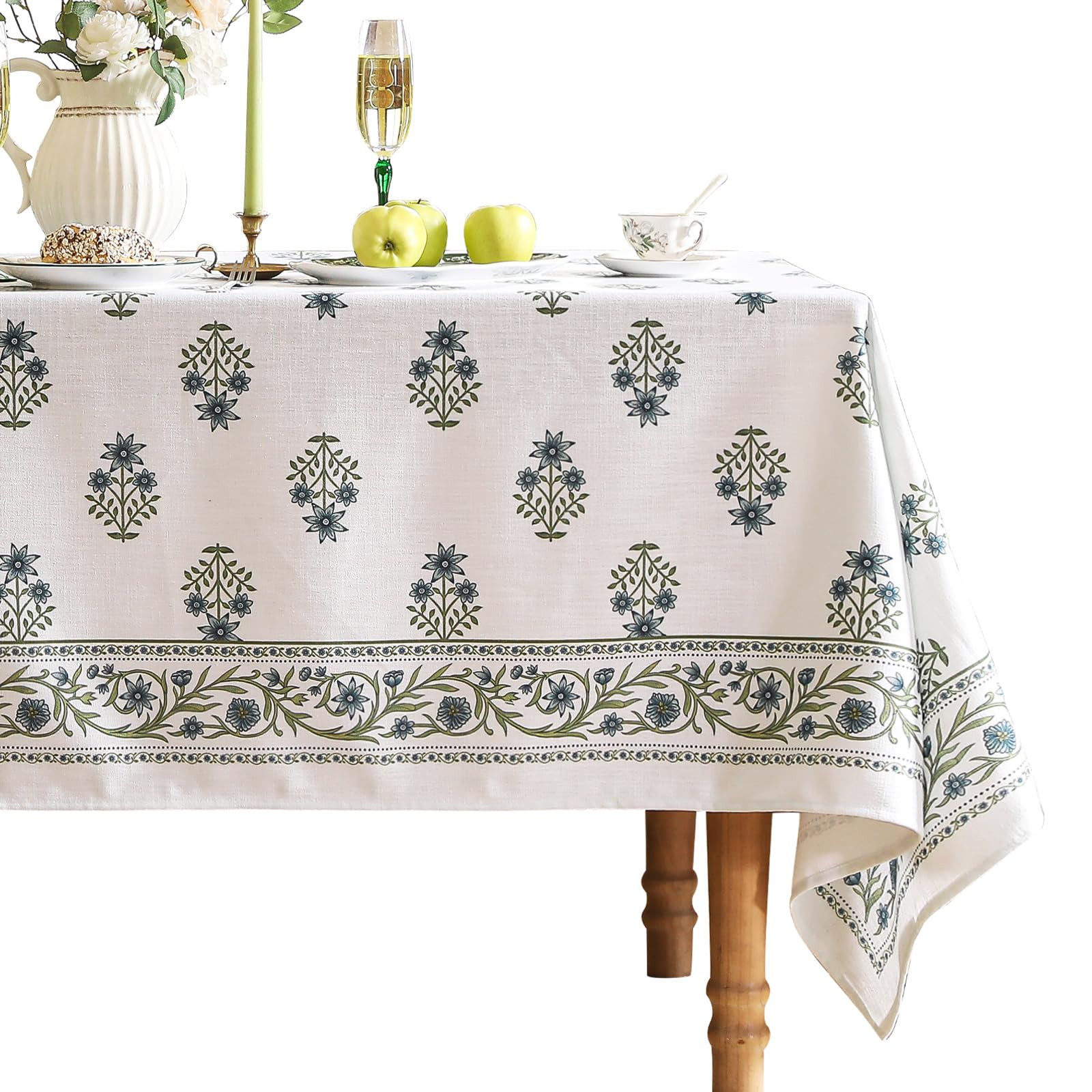 Floral Tablecloth for Rectangular Tables,Linen Table Cloth with Blue Flowers and Green Leaves,Hea... | Amazon (US)