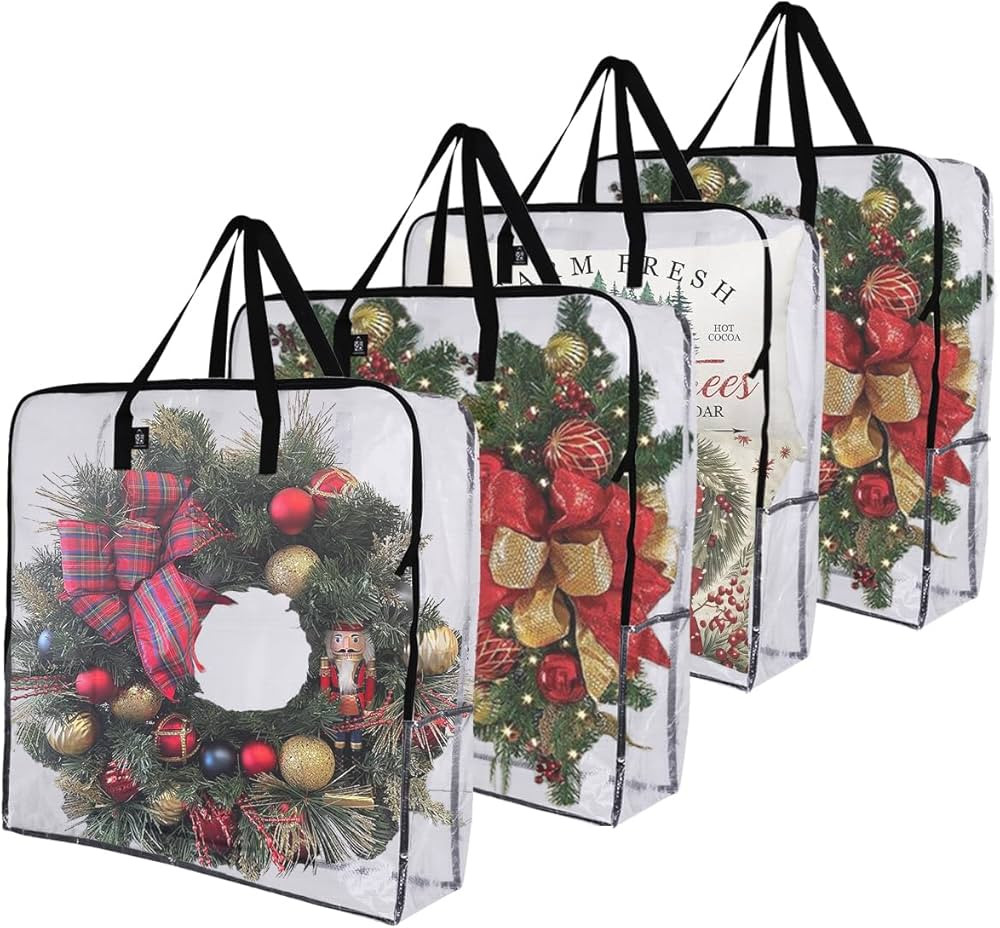 VENO 4 Pack Wreath Storage Bag and Christmas Decoration Garland Container, Moving and Packing Supplies for College. Alternative to Moving Boxes, Over-Sized Under-Bed Organizer Tote (Clear, 4 Pack) | Amazon (US)