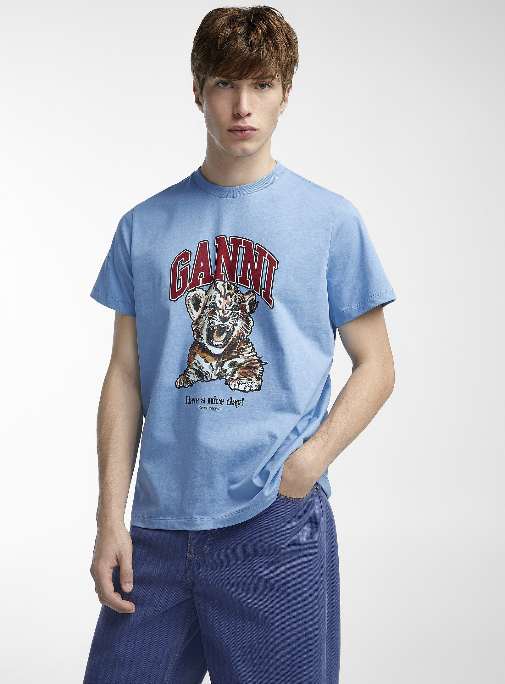 Ganni - Tiger cub print T-shirt (Men, Blue, SMALL) | Simons