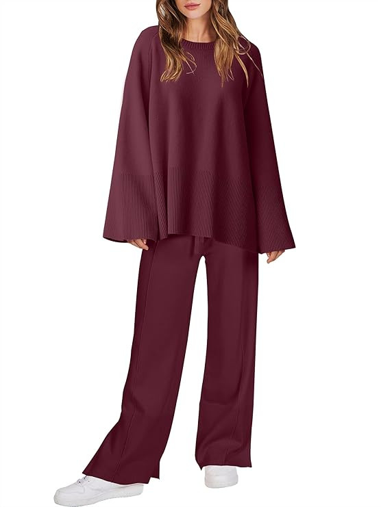 ANRABESS Womens 2 Piece Outfits Oversized Knit Sweater Set Wide Leg Pant Cozy Lounge Matching Paj... | Amazon (US)