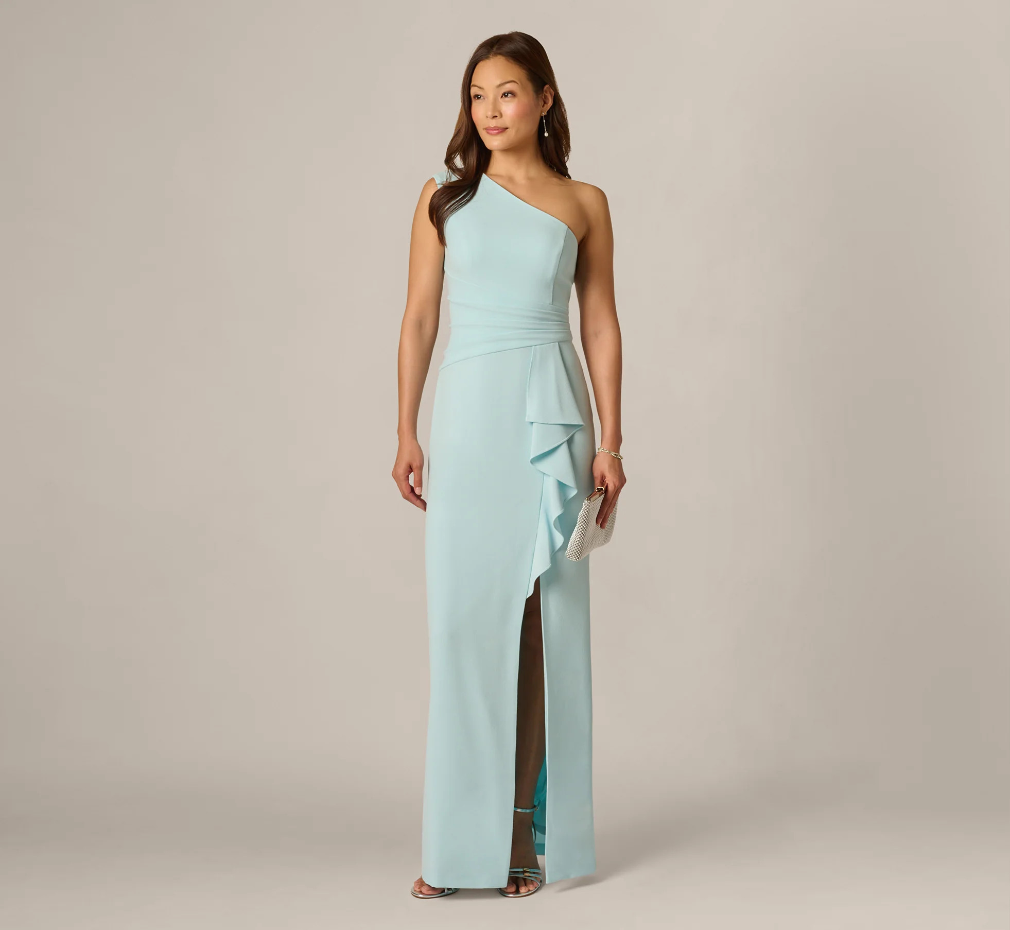 One Shoulder Draped Ruffle Stretch Gown In Clear Sky | Adrianna Papell