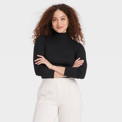 Women's Long Sleeve Mock Turtleneck Ribbed T-Shirt - A New Day™ Black XL | Target