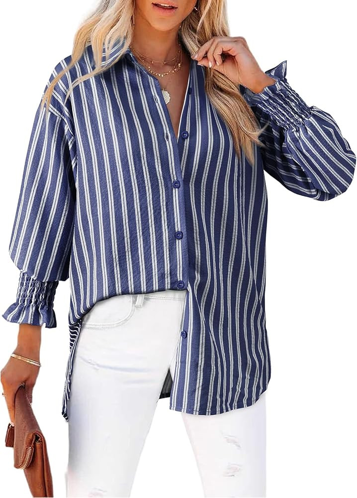 Women's Striped Button Down Shirts Puff Sleeve Oversized Blouses Boyfriends Loose Tunics Business... | Amazon (US)