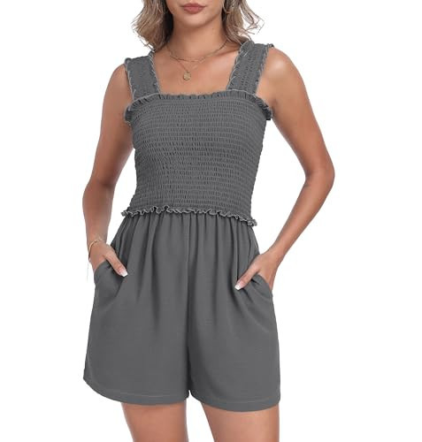 QIXING Women's Summer Casual Smocked Rompers Square Neck Sleeveless Loose Shorts Jumpsuits Beach Vacation Outfits Gray-S | Amazon (US)