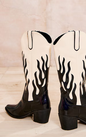 Black PU Contrast Flame Western Knee High Boots | PrettyLittleThing US