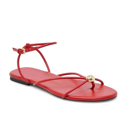 XBKXMK Red Strappy Flat Sandals for Women Comfortable Open Round Toe Slingback Sandals Dressy Beach Thong Flip Flop Slides | Amazon (US)