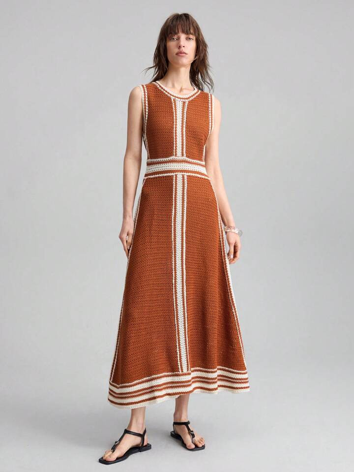 Ontre Stockholm Style, Teacher Outfits For Women,Fall Women Clothes,2025 New Fashion Women Long Knitted Dress, Color Blocking Orange & Apricot Sleeveless Round Neck Dress, Spring/Summer Vacation Style | SHEIN