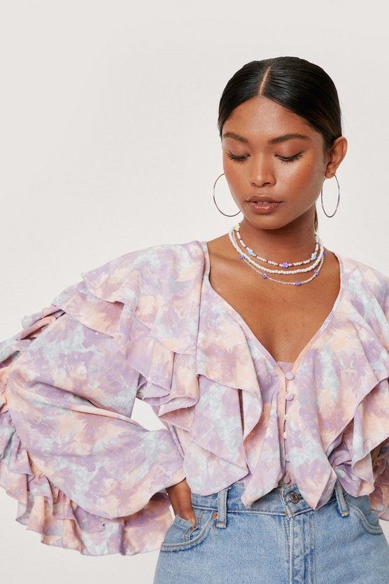 Blurred Print Ruffle Detail Button Down Blouse | Nasty Gal (US)