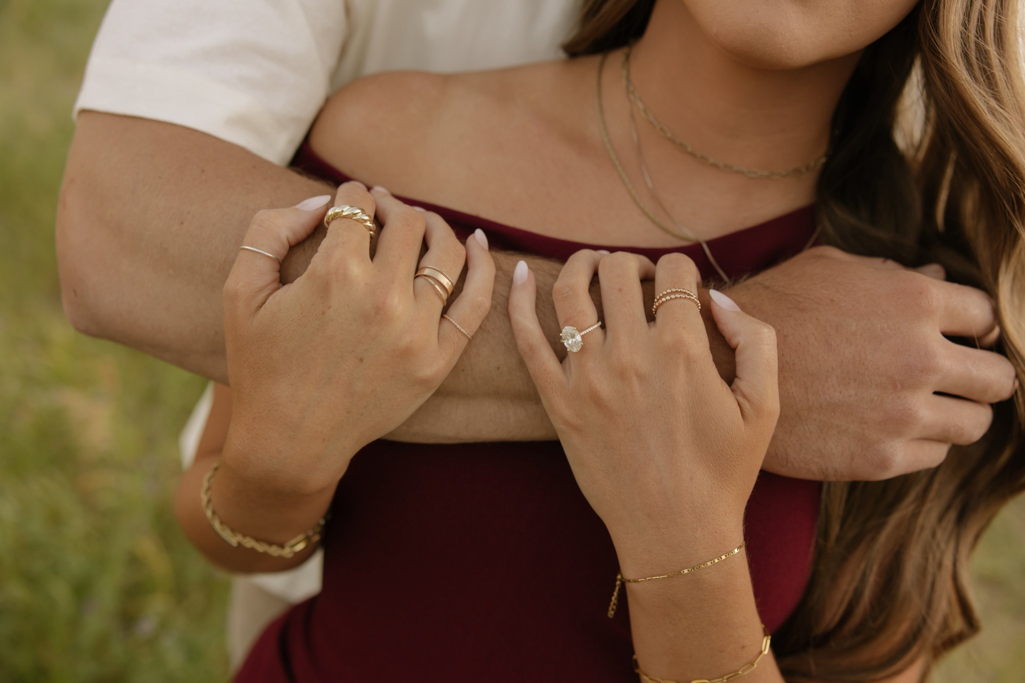 Ring stack Inspo for engagement ring and photos. Dainty gold jewelry, press on nails for engagement photos

#LTKWedding #LTKFindsUnder50