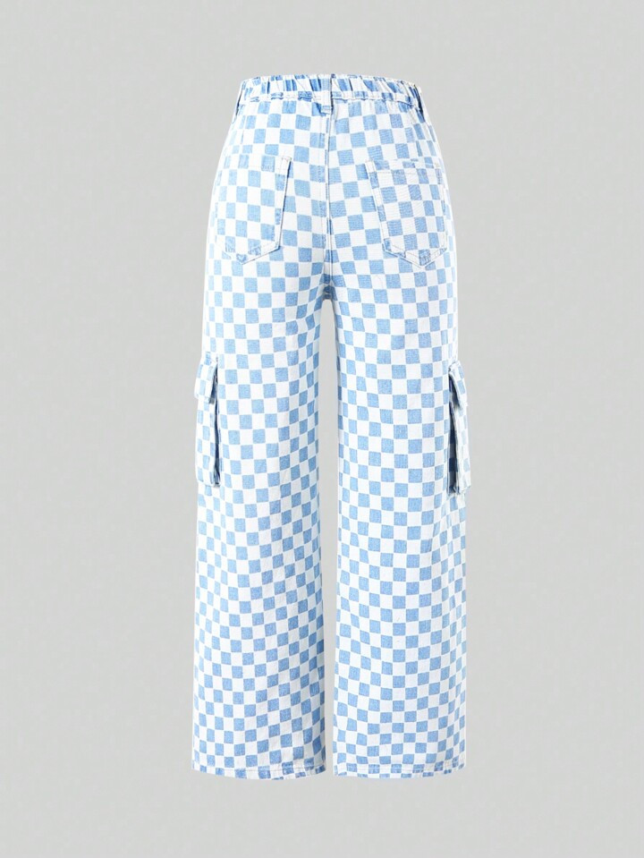 Tween Girl Checker Print Flap Pocket Side Jeans | SHEIN