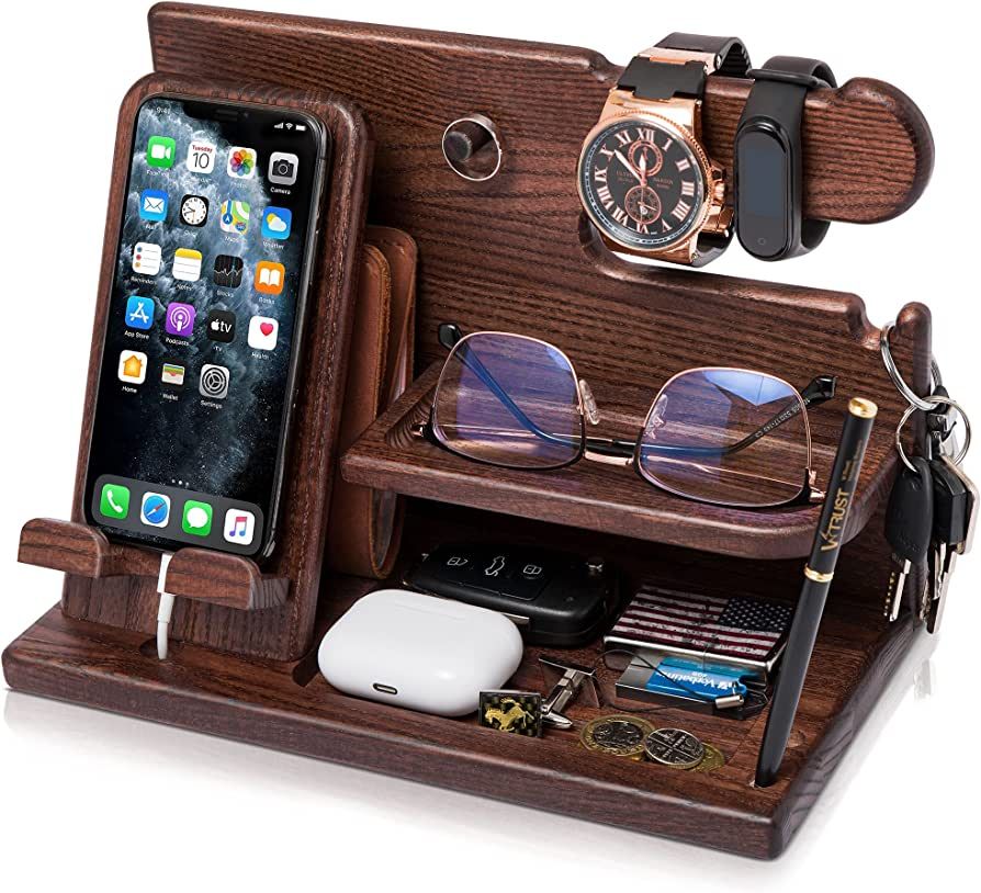 TESLYAR Wood Phone Docking Station Ash Key Holder Stand Watch Organizer Men Husband Wife Annivers... | Amazon (US)