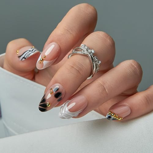 CurvLife Press On Nails Medium Almond Black White Abstract, Nude Soft Gel Glossy Fake Nails, Reusable Salon Look Manicure for Women Teens Beginners, 30pcs, Daily Wear Work Party | Amazon (US)