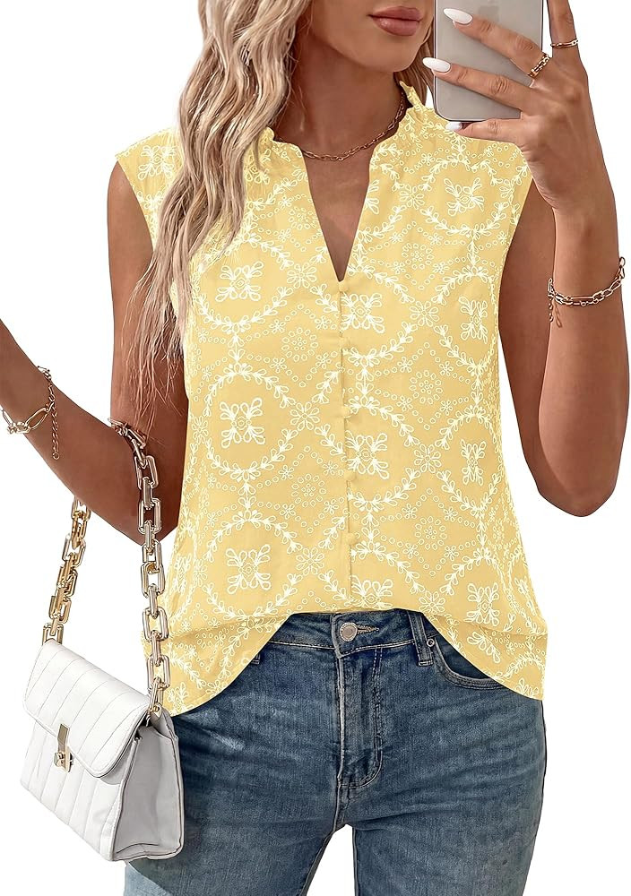 BTFBM Boho Tops for Women Summer Outfits Eyelet Embroidered Sleeveless Button Down Shirts Beach V... | Amazon (US)