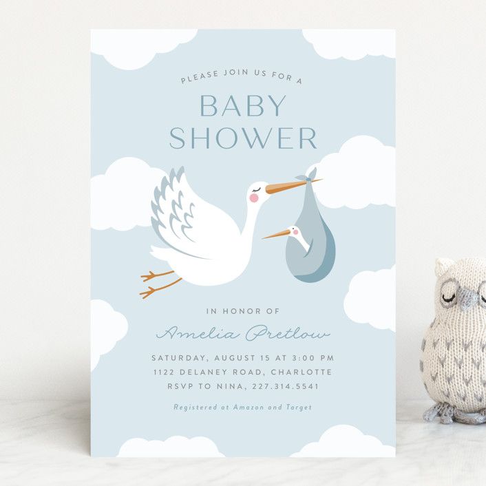 "Baby Stork" - Customizable Baby Shower Invitations in Blue by Jen Banks. | Minted