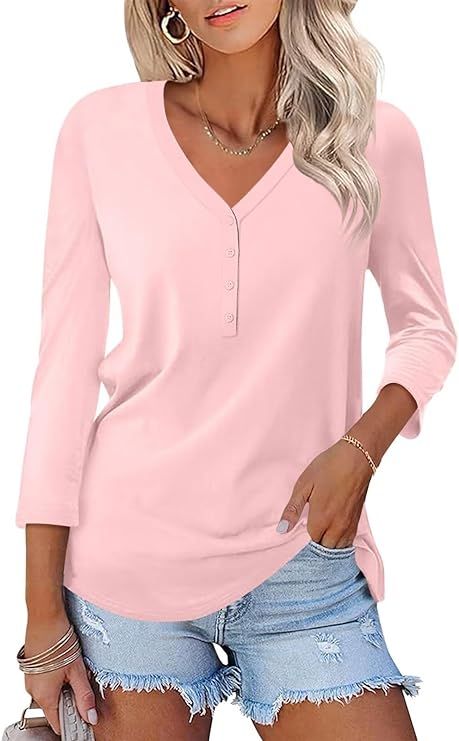 Minetom Women's V Neck 3/4 Sleeve Tops Casual Shirts Basic Summer Tees | Amazon (US)