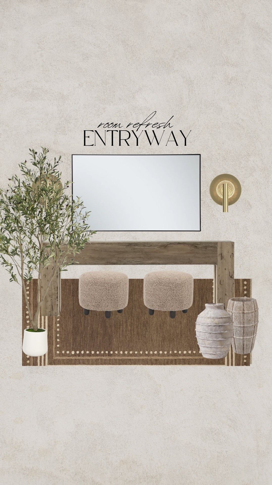 Modern organic entryway, entryway table, console table, white oak table, Sherpa ottoman, boucle ottoman, ceramic vase, pottery vase, brown rug, brown runner rug, faux olive tree, brass wall sconce, gold sconce, large mirror, black mirror

#LTKSeasonal #LTKHome #LTKSaleAlert