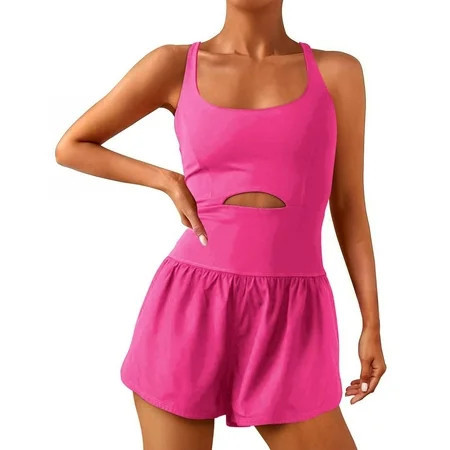 Womens Yoga Outfits Workout Romper Onesie with Padded Bras Sleeveless One Piece Shorts Atheletic Running Jumpsuit Clothes Set | Walmart (US)