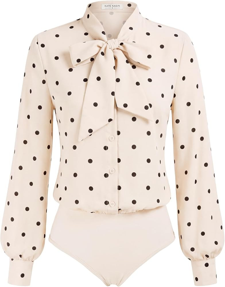 Kate Kasin Women Bow Tie Neck Office Blouse Button Down Long Sleeve Bodysuits Blouse Top | Amazon (US)
