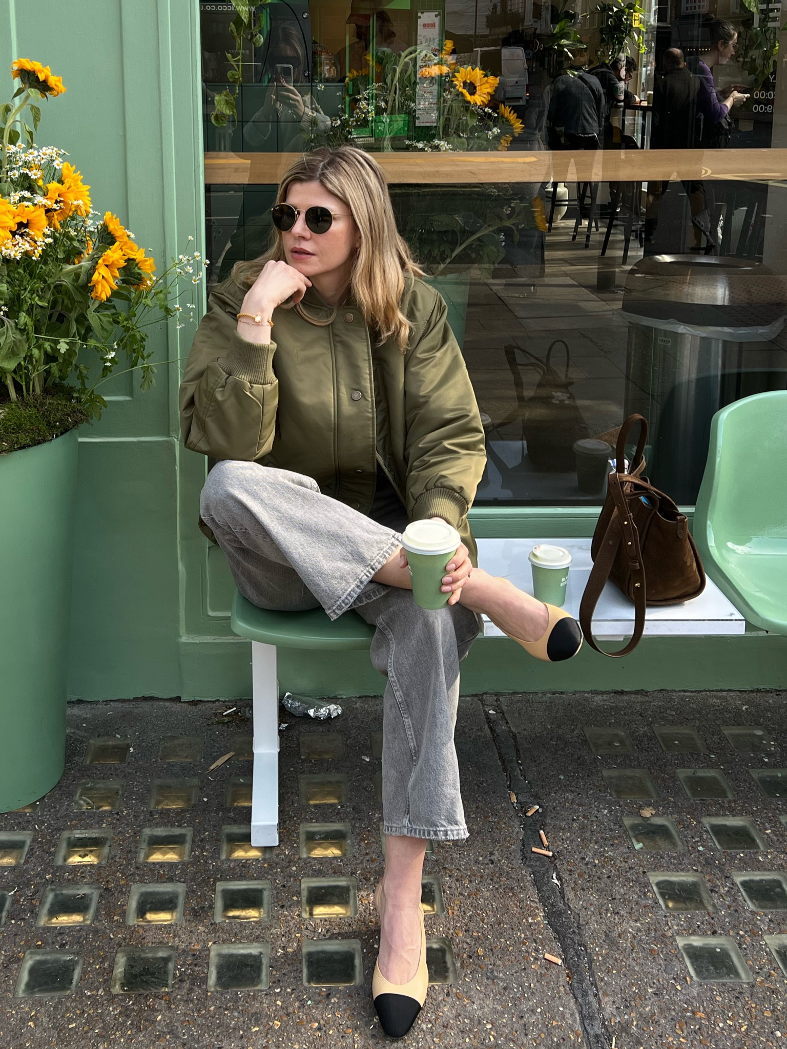Spring outfit idea, green bomber jacket, suede bag, rayban, grey jeans, sezane jacket, Chanel shoes 

#LTKsummer #LTKspring #LTKeurope