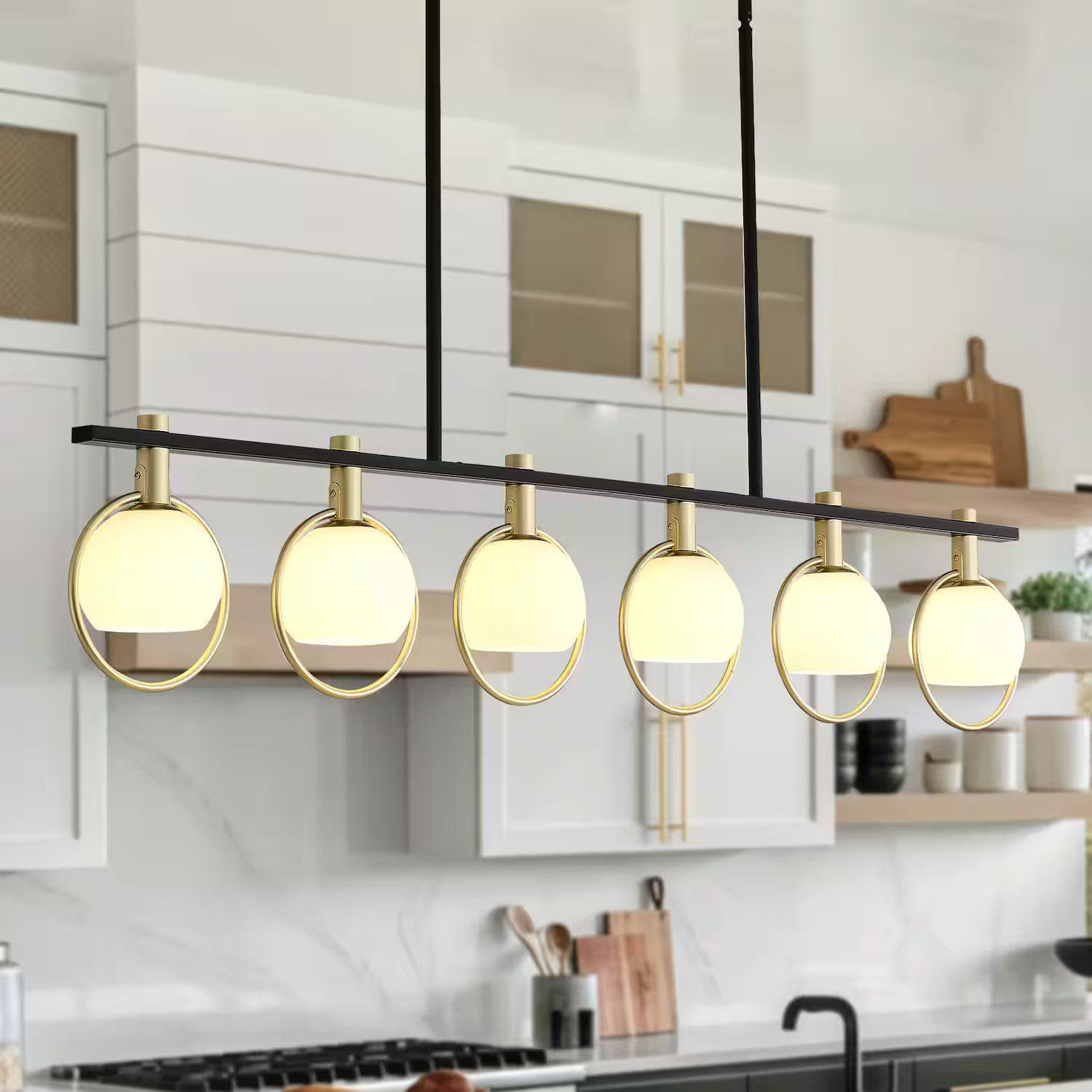 RYHNUYNE - 6-Light Dining Room Light Fixture,Gold Kitchen Island Lighting with Milk Glass Shade, Linear Chandeliers for Kitchen Din - Black | Best Buy U.S.