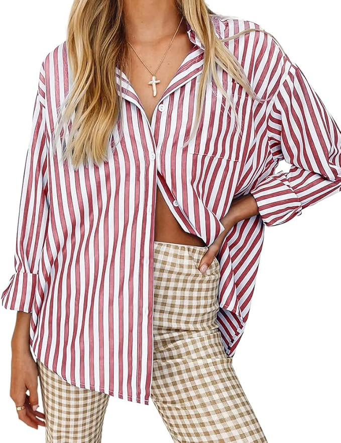 Women's Blouses Striped Long Sleeve Shirts Button Down Loose Fit Casual Tops | Amazon (US)