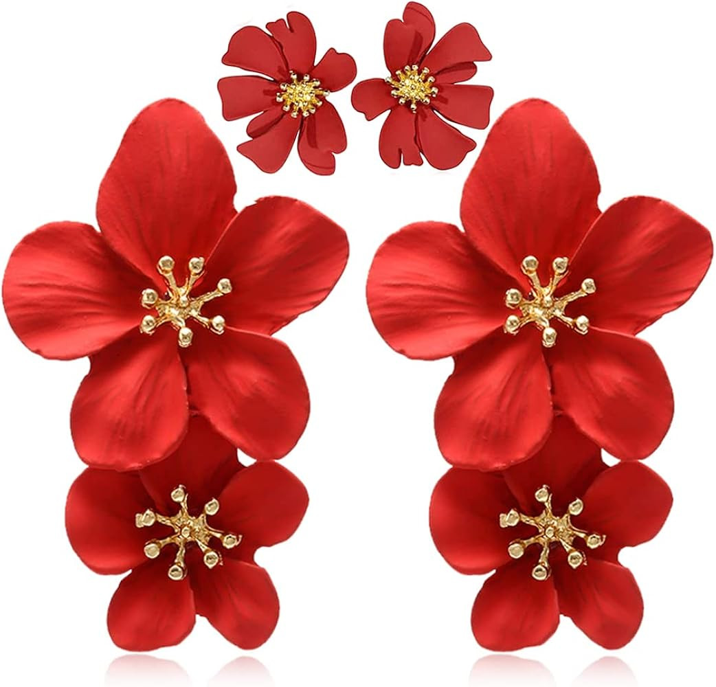 D.Rosse Large Metal Double Flower Matt Earring Chic Statement Dangle Drop Wedding Earrings For Women | Amazon (US)