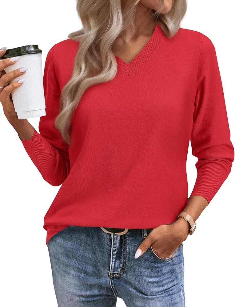 Women's Fall Sweaters 2024 Casual Thin Long Sleeve Pullover V Neck Lightweight Sweatshirts Cute B... | Amazon (US)