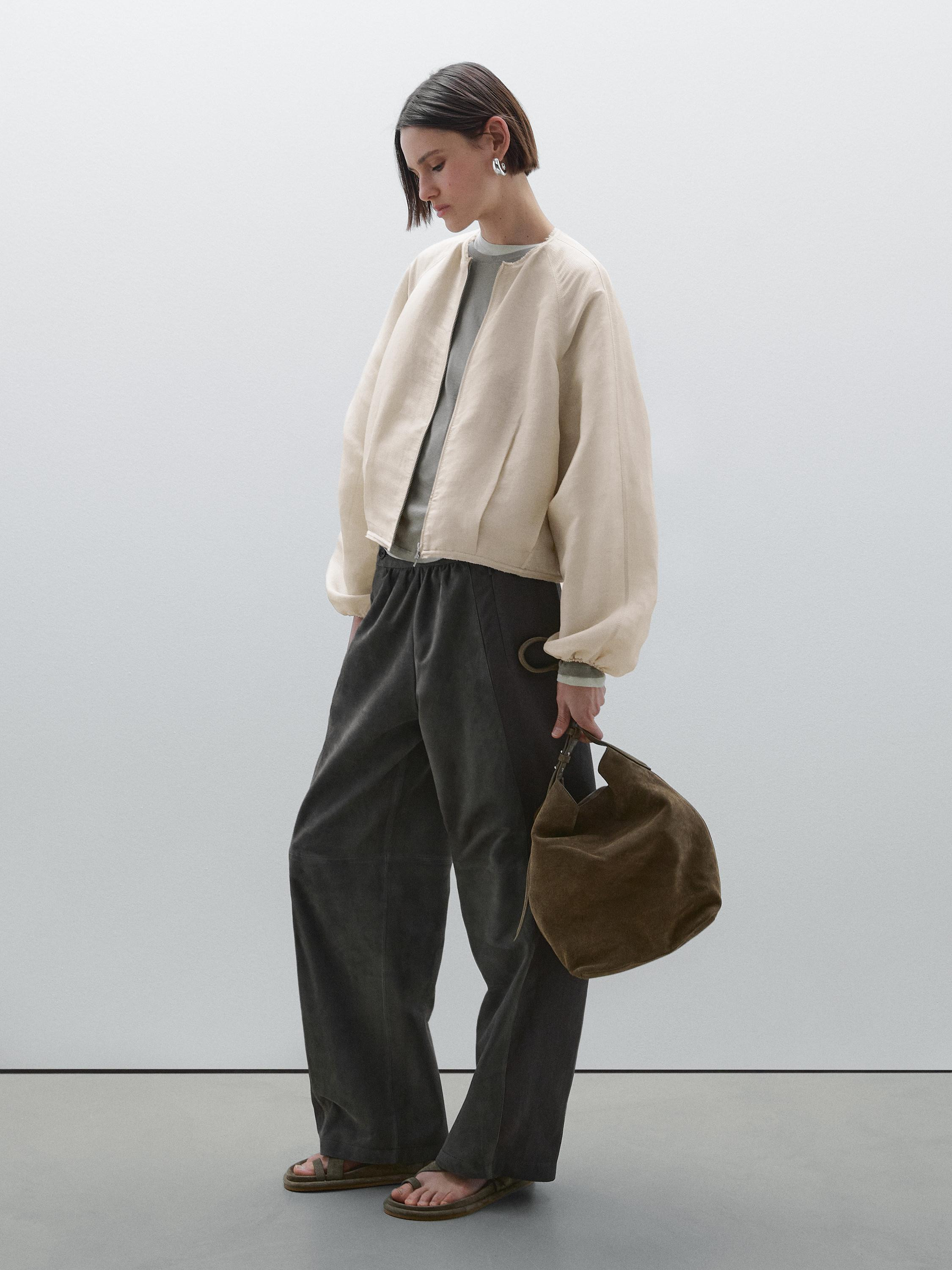 Frayed linen and silk bomber jacket | Massimo Dutti US