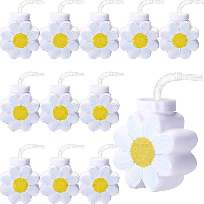 Domensi 12 Pcs 10oz Daisy Flower Cups with Lids and Straws for Birthday, Themed Party, Wedding Ba... | Amazon (US)