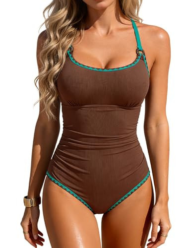 Eomenie Women‘s Swimsuit Ribbed Tummy Comtrol One Piece Bathing Suit Color Block Shell Stitch Swimwear Tie Back Swim Suit | Amazon (US)