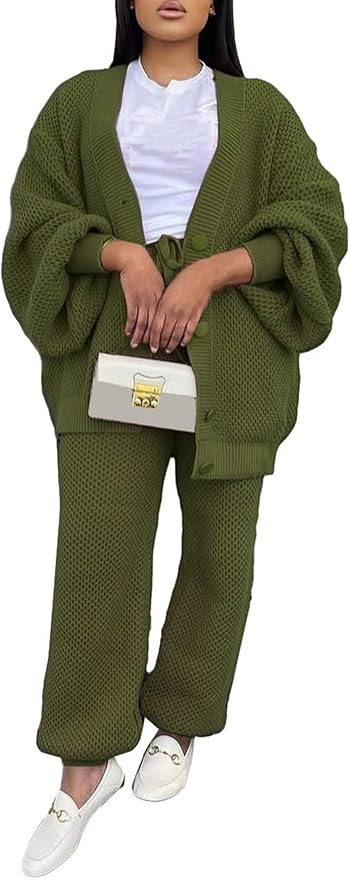 LROSEY Women 2 Piece Lounge Sets Outfits Oversized Button Down Cardigan Sweaters Set Cable Knit S... | Amazon (US)