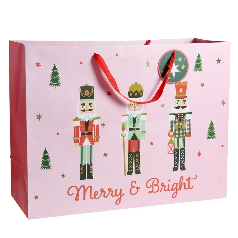Super Jumbo Winter Blush Pink Nutcracker Trio Christmas Gift Bag, 12 in x 10 in, by Holiday Time | Walmart (US)