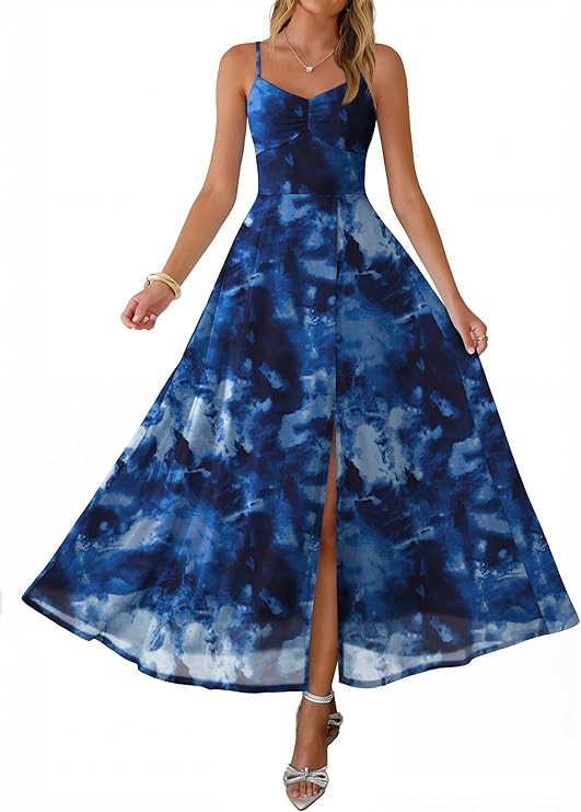 Caracilia Women's Summer Maxi Dresses Floral Mesh Spaghetti Strap Split Formal Wedding Guest Cock... | Amazon (US)