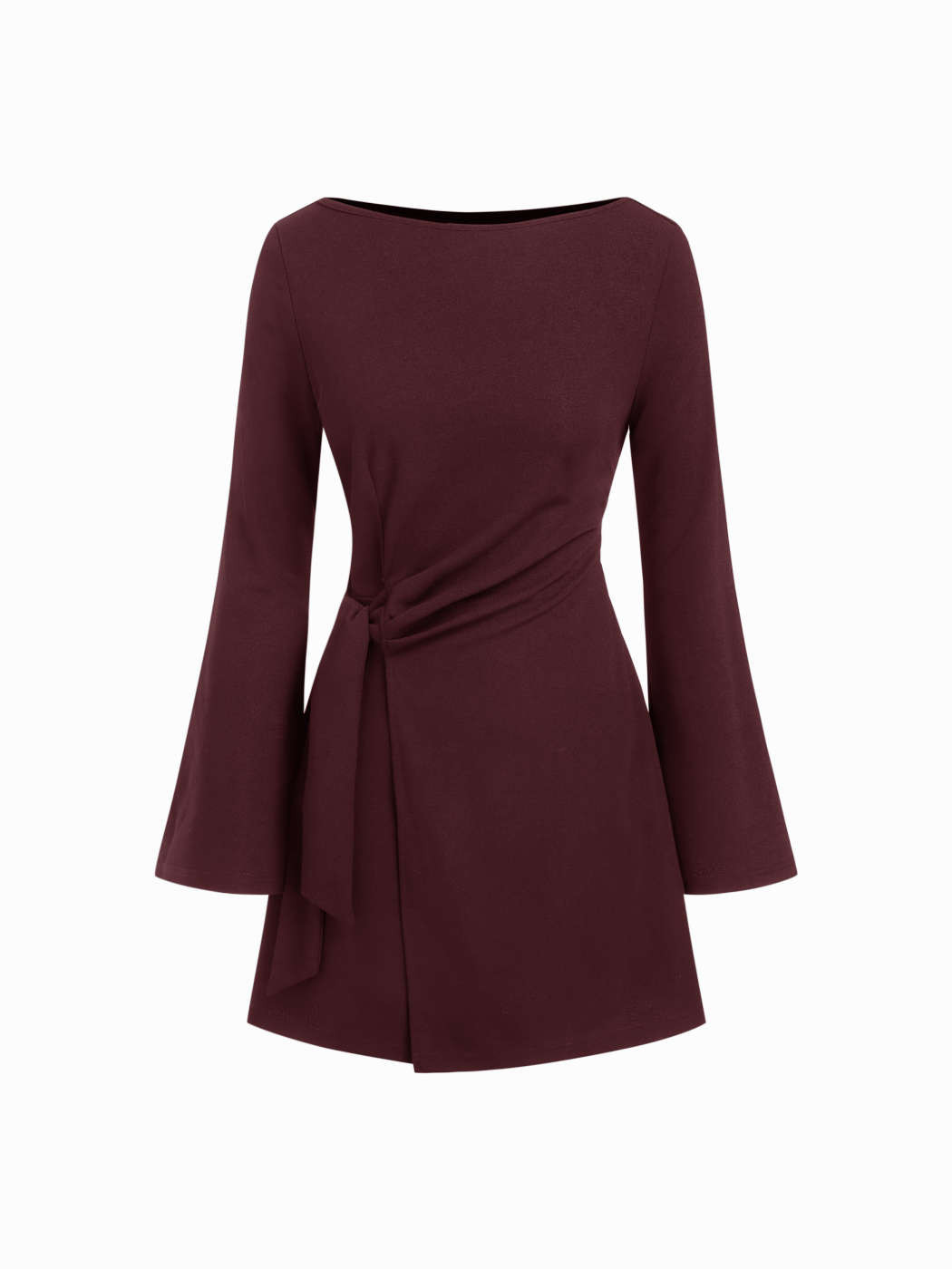 Knit Fabric Boat Neck Bell Sleeve Tie Side Ruched Mini Dress For Work | Cider