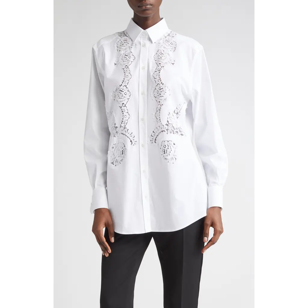 Dolce&Gabbana Cordonetto Lace Detail Poplin Button-Up Shirt in W0800 Bianco Ottico at Nordstrom, Size 6 Us | Nordstrom