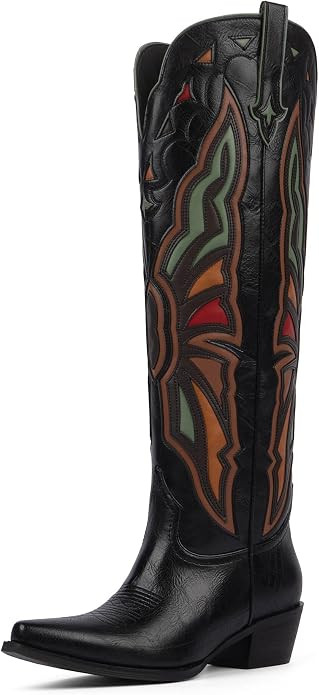 Cowboy Boots for Women Knee High Chunky Heel Butterfly Cowgirl Boots Wide Calf Pointed Toe Chunky... | Amazon (US)