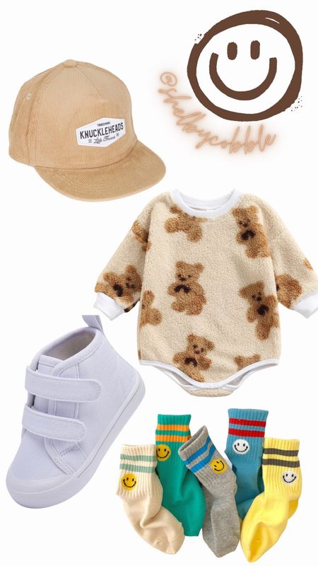 Sherpa bear baby romper
Smiley kid socks
Baby hat 

#LTKbump #LTKbaby #LTKkids