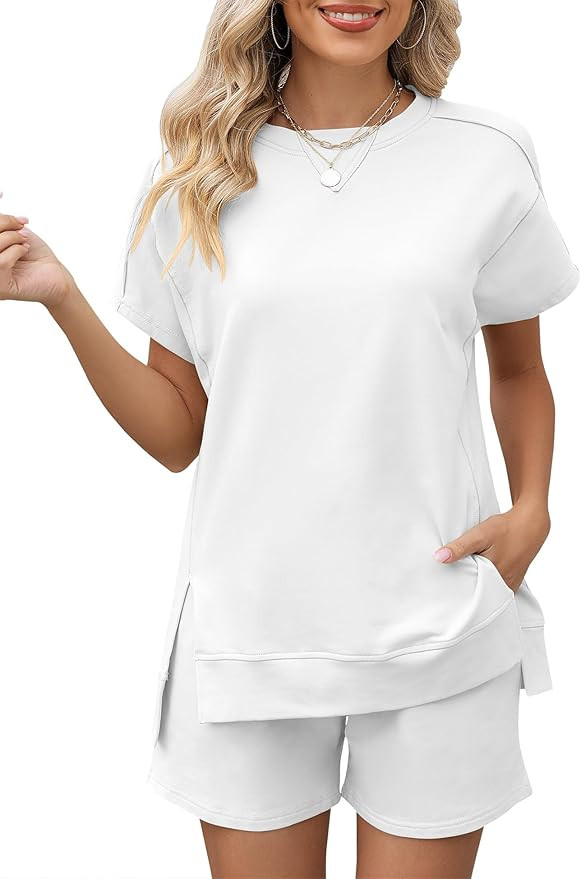 LOMON Womens Fashion 2 Piece Outfits Sweatsuits 2025 Summer Short Sleeve Loungewear Tracksuit Rou... | Amazon (US)