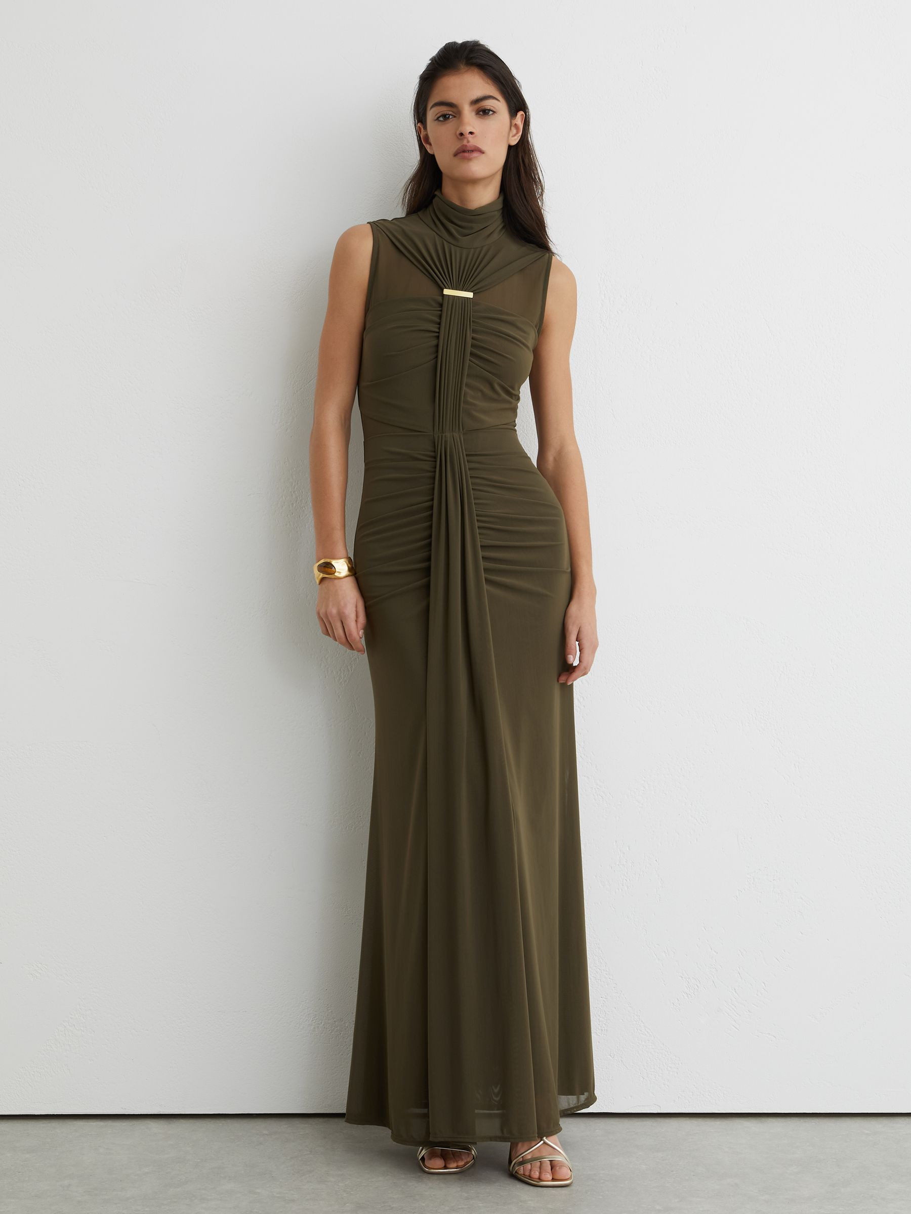 Ruched Sleeveless Maxi Dress in Khaki Green | Reiss UK